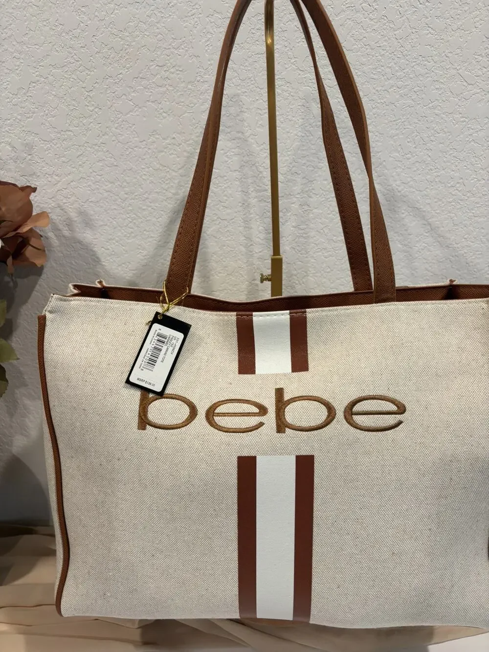 Bebe Paisley Canvas Tote Bag Caramel Stripe Large Shoulder Tote NWT MSRP $139
